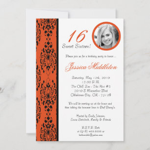 12x18 Orange Damask 16 Geburtstagsparty Einladung