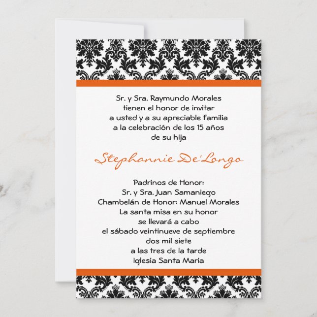 12x18 Orange Damask Quinceanera Einladung (Vorderseite)