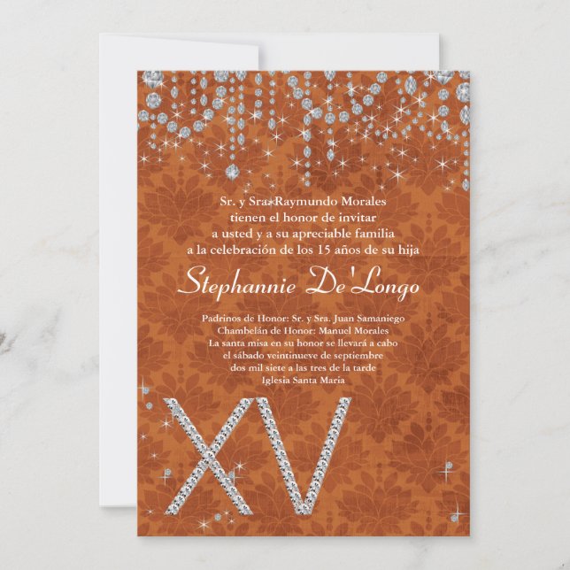 12x18 Orange Diamond Quinceanera Einladung zum Geb (Vorderseite)