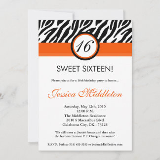 12x18 Orange Zebra Print 16. Geburtstag Einladung