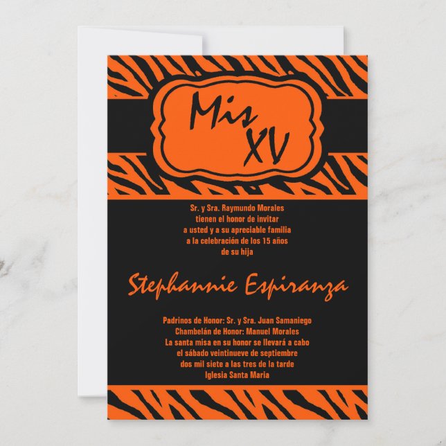 12x18 Orange Zebra Print Quinceanera 15 Einladung (Vorderseite)