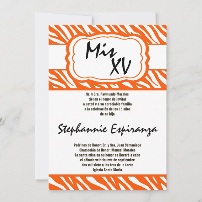 12x18 Orange Zebra Print Quinceanera 15 Einladung (Vorderseite)