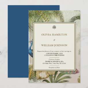 12x18 Peacock Blue Tropical Peacock Palm Wedding Einladung