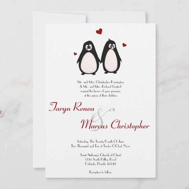12x18 Penguin Liebe Paare Hochzeit Einladung (Vorderseite)