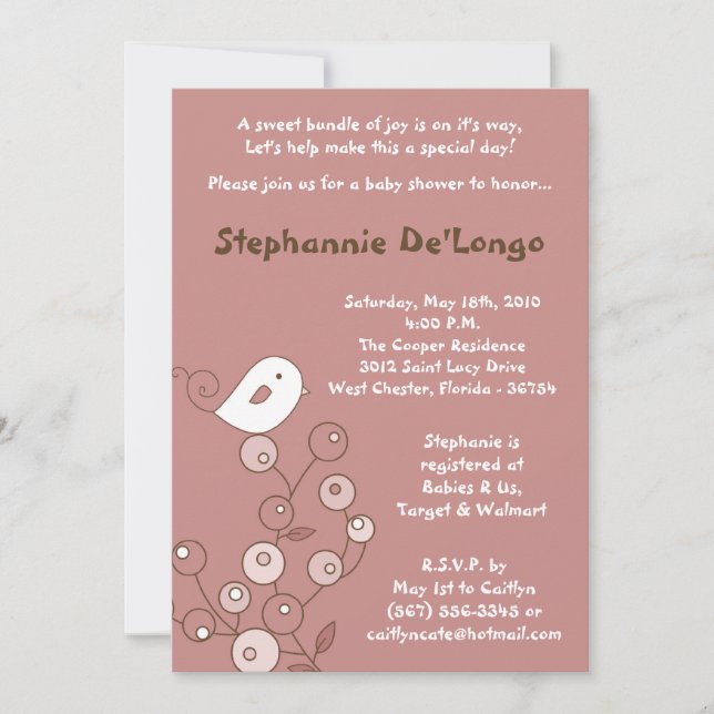 12x18 Pink Bird Retro Bush Kinderdusche Einladung (Vorderseite)