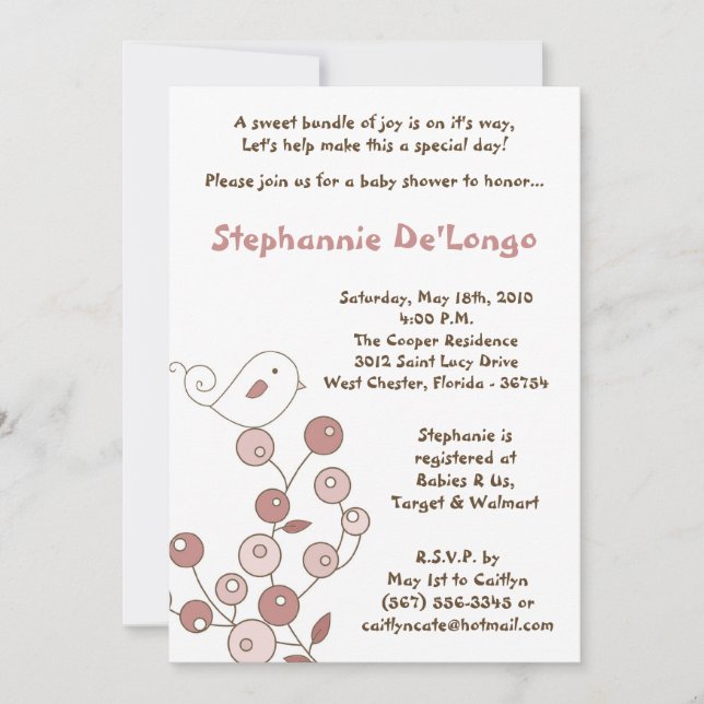 12x18 Pink Bird Retro Bush Kinderdusche Einladung (Vorderseite)