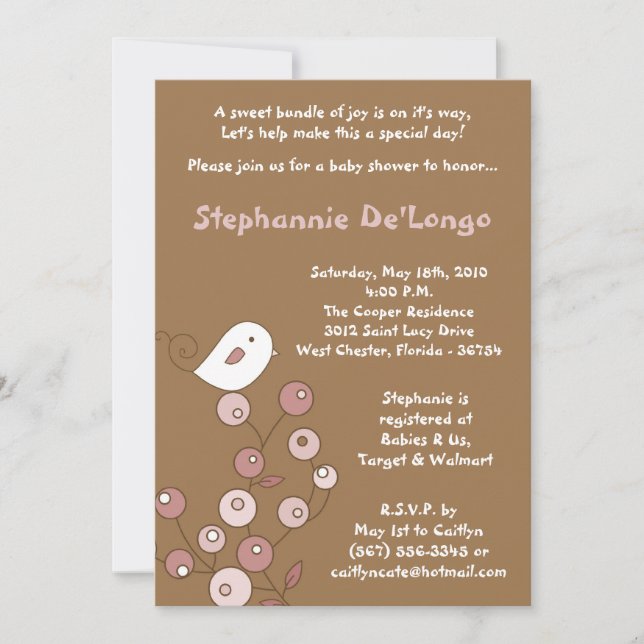 12x18 Pink Bird Retro Bush Kinderdusche Einladung (Vorderseite)