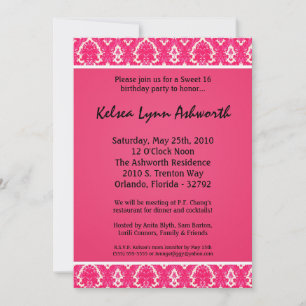 12x18 Pink Damask Sweet 16 Geburtstagsparty Einlad Einladung