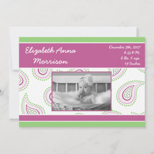 12x18 Pink Paisley Pattern Foto Geburtsankündigung Ankündigung