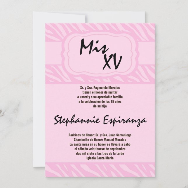 12x18 Pink Zebra Print Quinceanera 15 Einladung (Vorderseite)
