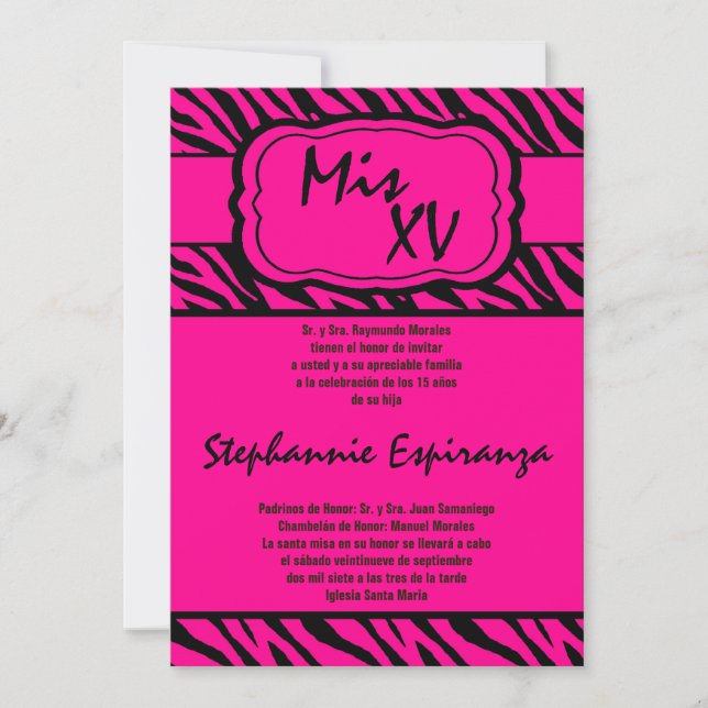 12x18 Pink Zebra Print Quinceanera 15 Einladung (Vorderseite)