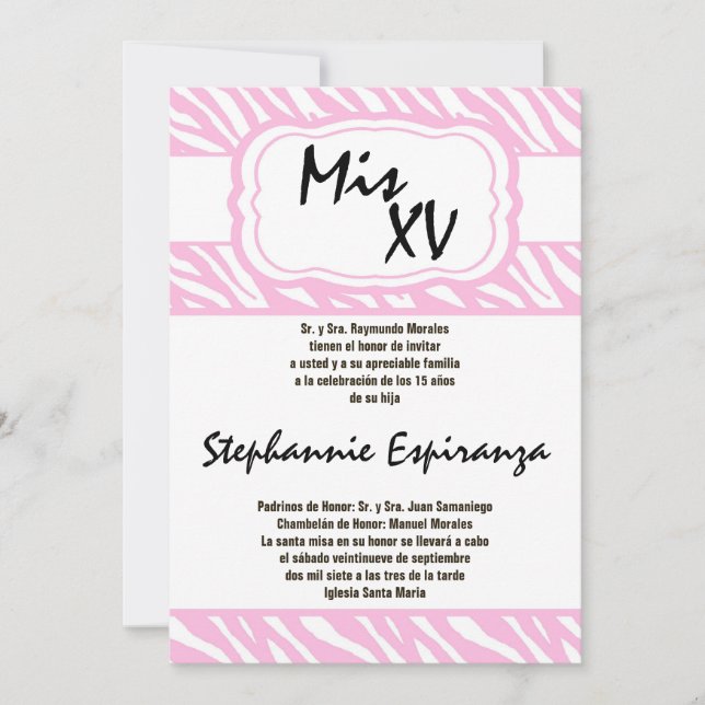 12x18 Pink Zebra Print Quinceanera 15 Einladung (Vorderseite)