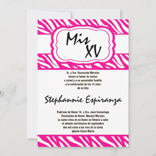 12x18 Pink Zebra Print Quinceanera 15 Einladung (Vorderseite)