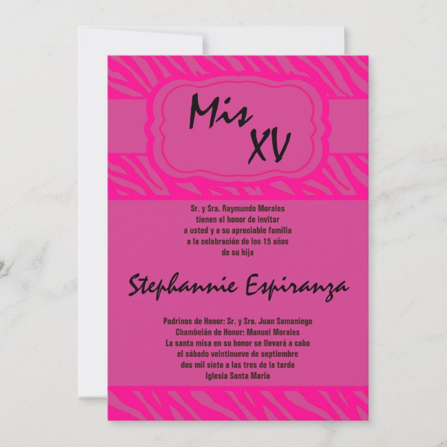 12x18 Pink Zebra Print Quinceanera 15 Einladung (Vorderseite)