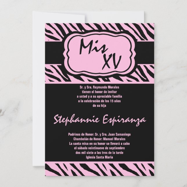 12x18 Pink Zebra Print Quinceanera 15 Einladung (Vorderseite)