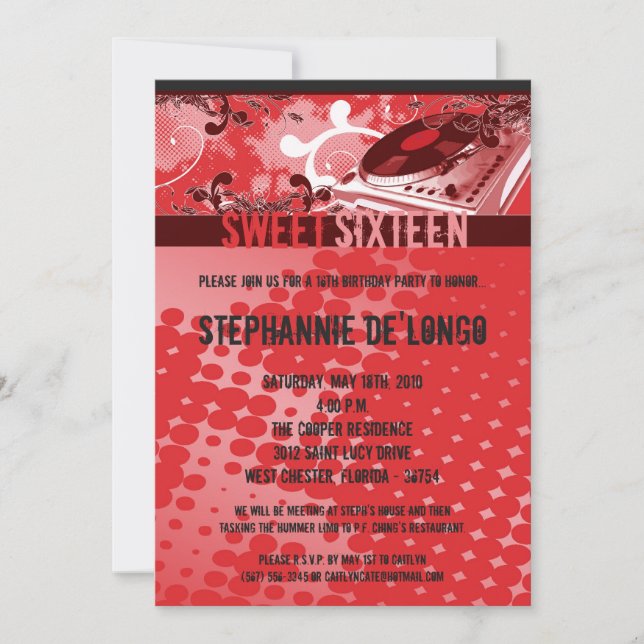 12x18 Red DJ Spin Turntable16th Birthday Einladung (Vorderseite)