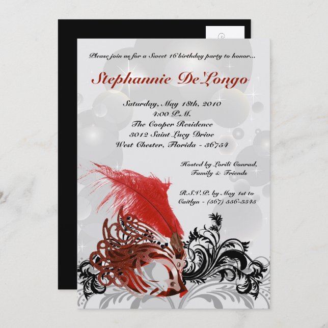 12x18 roter Maskerade-Bonbon 16 Einladung (Vorne/Hinten)