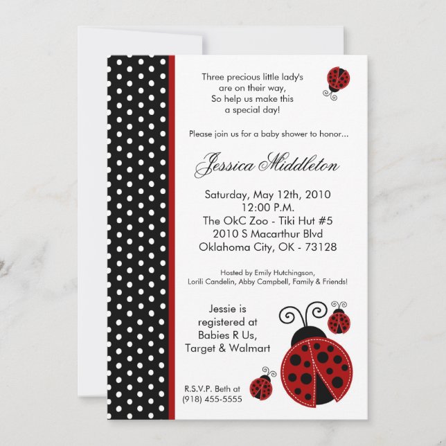 12x18 TRIPLET Lady Bug Polka Babydusche Einladung (Vorderseite)