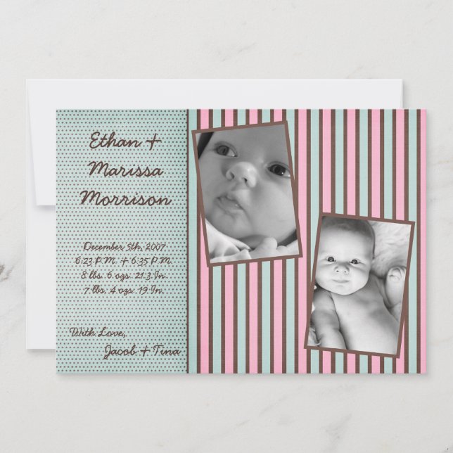 12x18 TWIN Blue Pink Stripe Foto Geburtsankündigun Ankündigung (Vorderseite)
