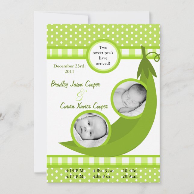 12x18 Twins Pea in einem Pod-FOTO Geburtsankündigu Ankündigung (Vorderseite)