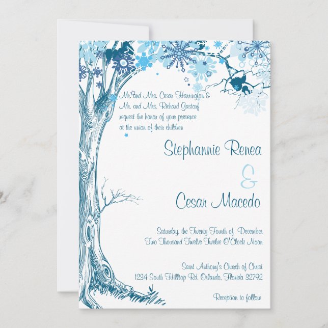 12x18 Wedding Einladung Blue Tree Schneeflocken Wi (Vorderseite)