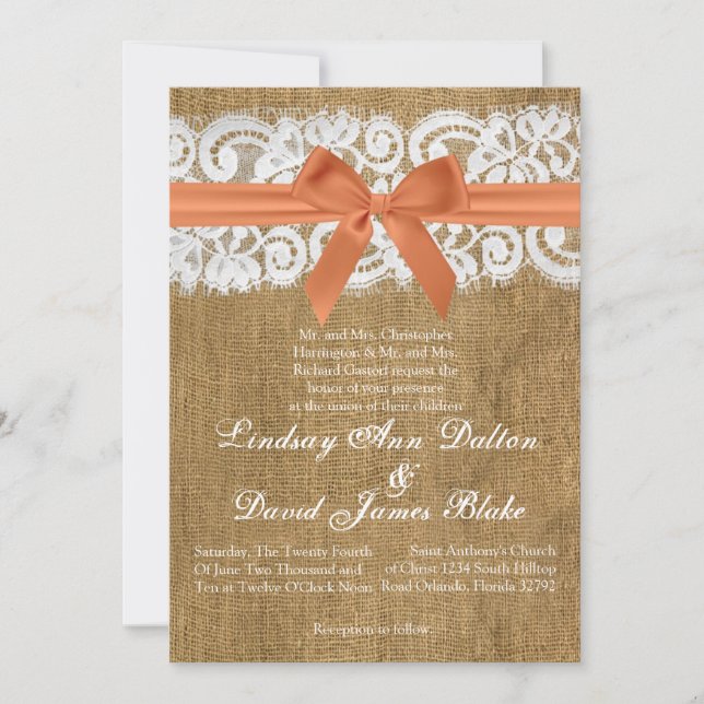 12x18 Wedding Einladung Orange Burlap Lace (Vorderseite)