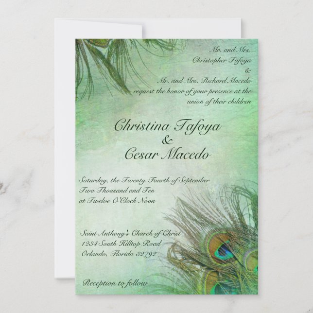 12x18 Wedding Einladung Peacock Green Feathers (Vorderseite)