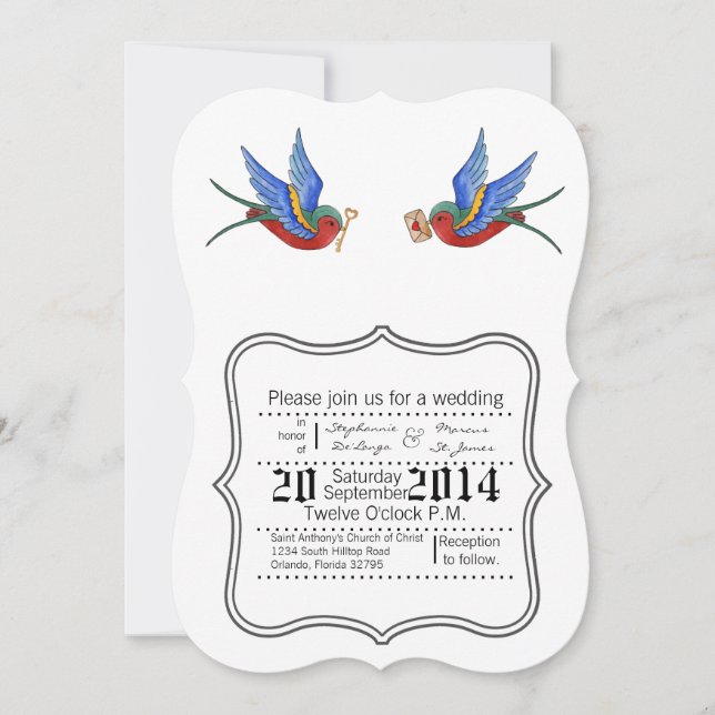 12x18 Wedding Einladung Traditioneller Vogel Tatto (Vorderseite)