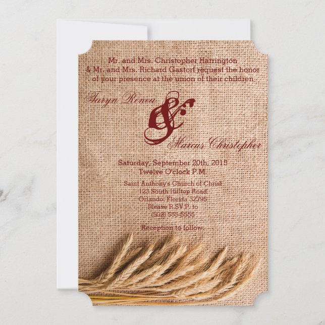 12x18 Wedding Einladung Wheat on Burlap Sack Count (Vorderseite)