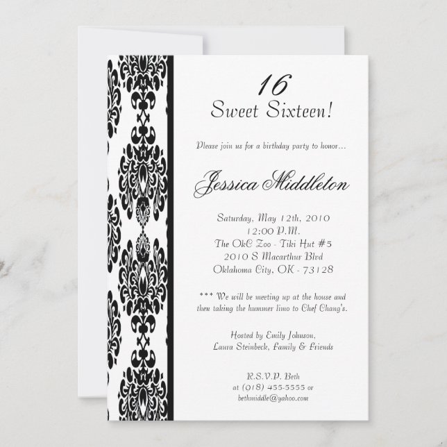 12x18 White Damask Geburtstagsparty Einladung (Vorderseite)