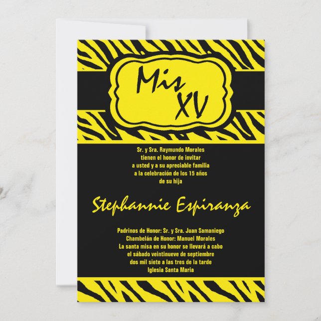 12x18 Yellow Zebra Print Quinceanera 15 Einladung (Vorderseite)