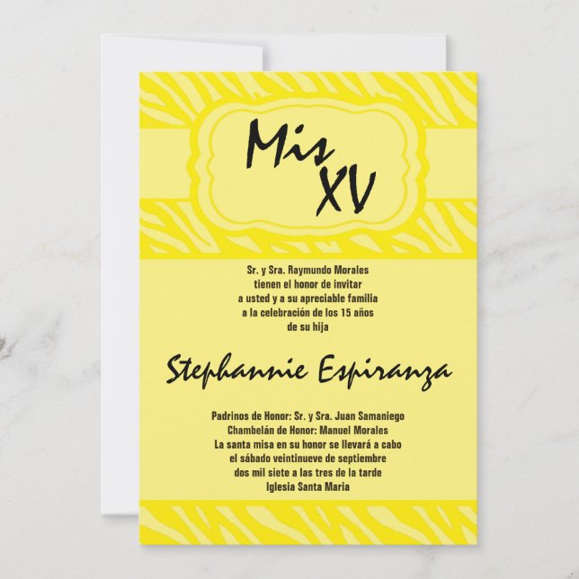 12x18 Yellow Zebra Print Quinceanera 15 Einladung (Vorderseite)