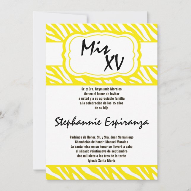 12x18 Yellow Zebra Print Quinceanera 15 Einladung (Vorderseite)