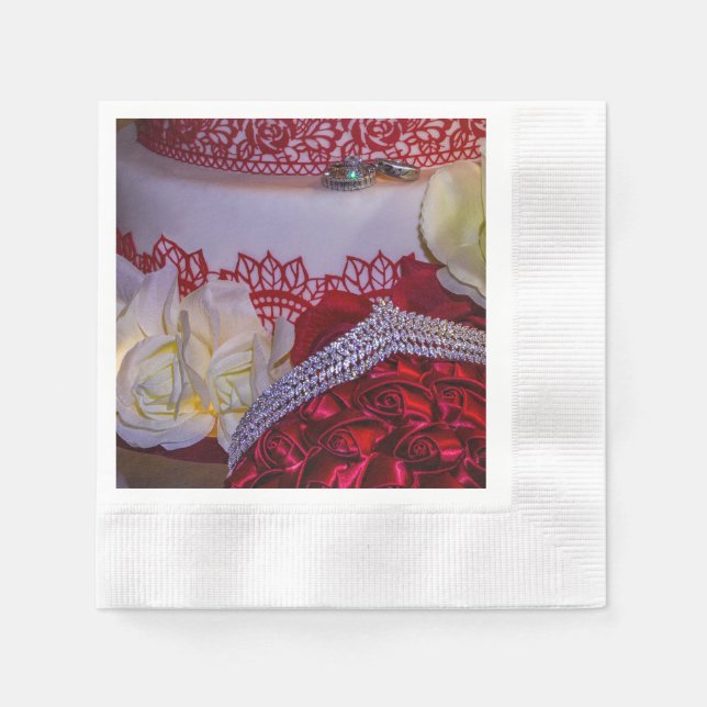 1304-Hochzeitstorte, Bouquet und Rings Serviette (Vorderseite)