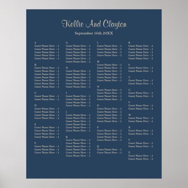 130 Classic Blue Simple Wedding Seating Chart Poster (Vorne)