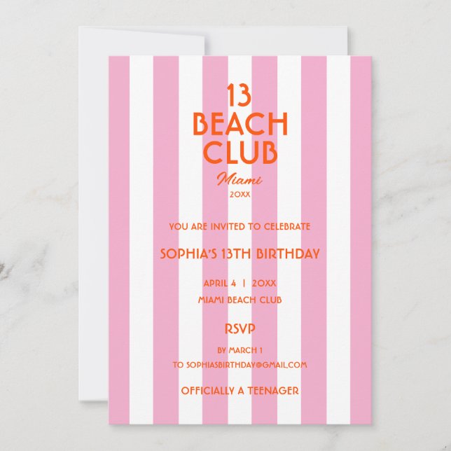 13 Beach Club Cabana Streifen 13. Geburtstagsfeier Einladung (Vorderseite)