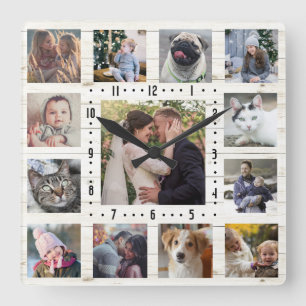 13 Family Photo Collage Rustic Farmhouse Lt Wood Quadratische Wanduhr