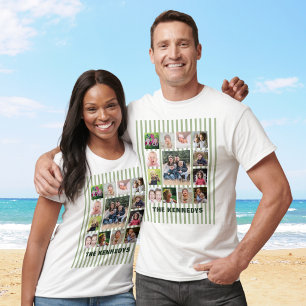 13 Foto-Collage Familienname Sagegrün Gestreift T-Shirt