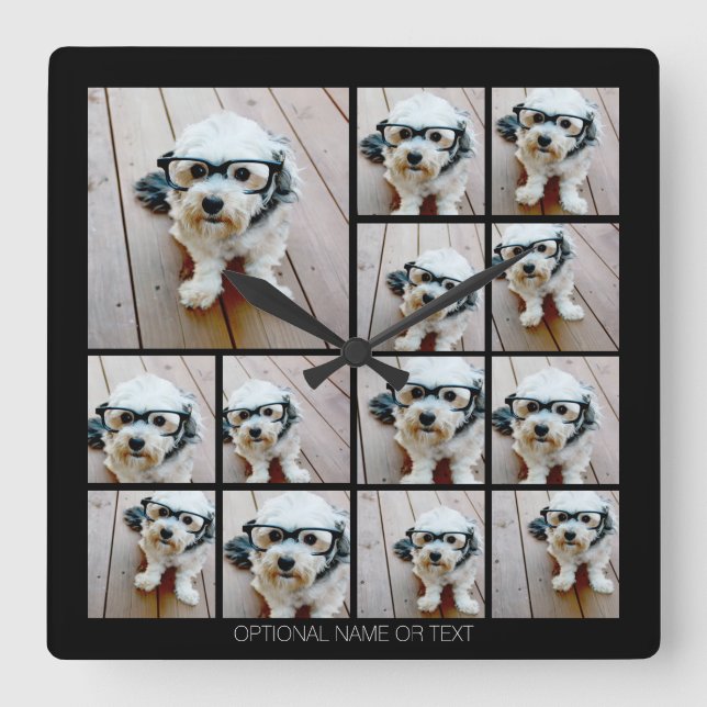 13 Foto Funky Collage mit einfachem Text Quadratische Wanduhr (Vorderseite)