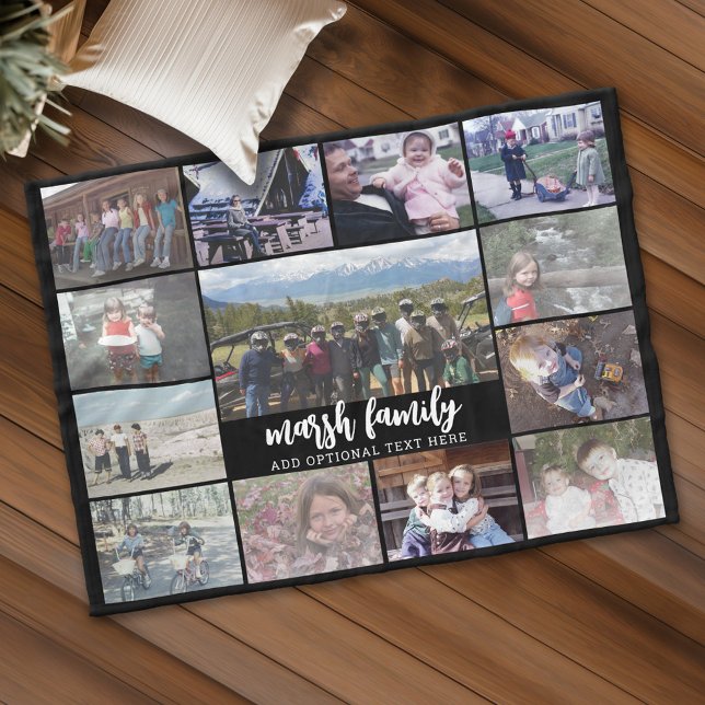 13 FotoCollage Optionaler Text — Familie - schwarz Fleecedecke (Personalized fleece blanket with 13 photos and custom text)
