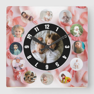 13 Fotos Collage Personalisierter Name rosy Quadratische Wanduhr