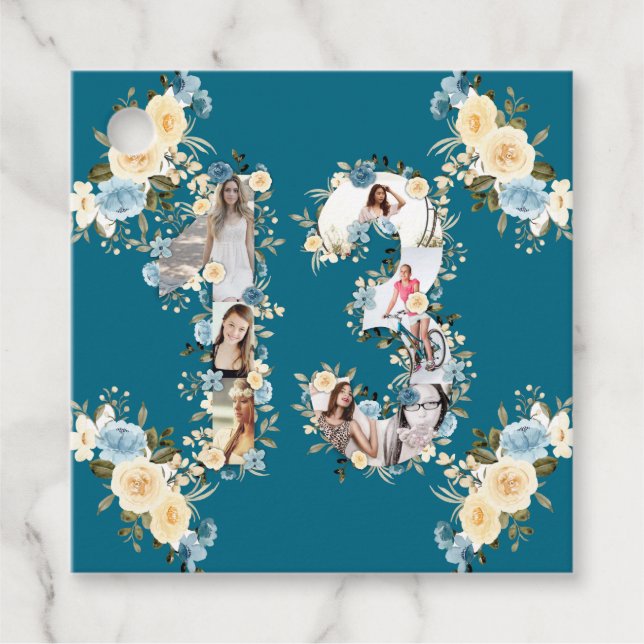 13. Geburtstag Aquamarine Blume Foto Collage Gelb Geschenkanhänger (Vorderseite)