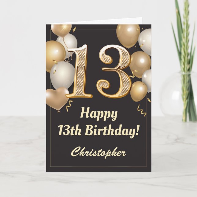 13. Geburtstag Black and Gold Balloons Confetti Karte (Vorderseite)