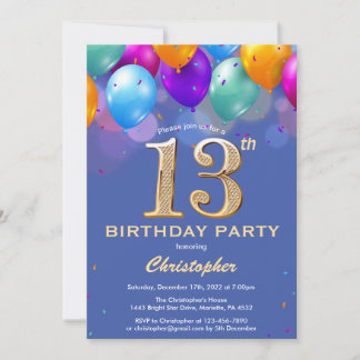 13. Geburtstag Blau und Gold farbige Ballons Einladung