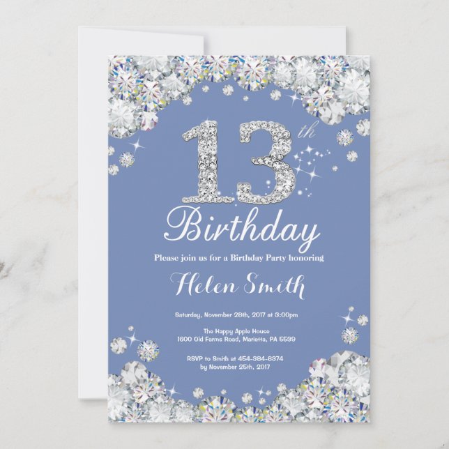 13. Geburtstag Blau und Silver Diamond Einladung (Vorderseite)