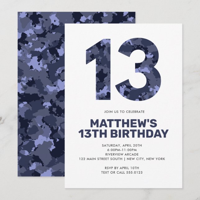 13. Geburtstag, Blaue Camouflage Personalisierter  Einladung (Vorne/Hinten)