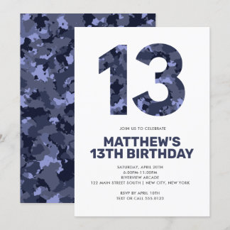 13. Geburtstag, Blaue Camouflage Personalisierter Einladung