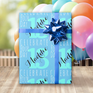 13. Geburtstag Blaue Typografie Geschenkpapier