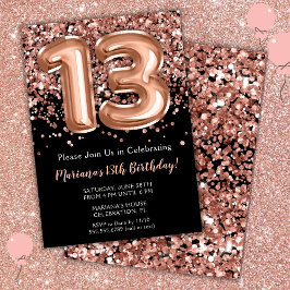 13. Geburtstag Einladung Black Rose Gold Glitzer