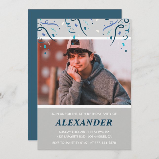 13. Geburtstag Einladung Junge Confetti Foto Blue (Vorne/Hinten)